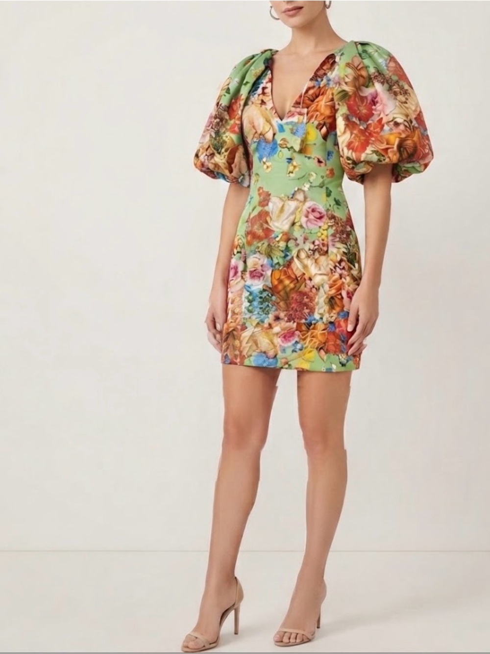Badgley Mischka Floral Puff-Sleeve Mini Dress in Green size 12